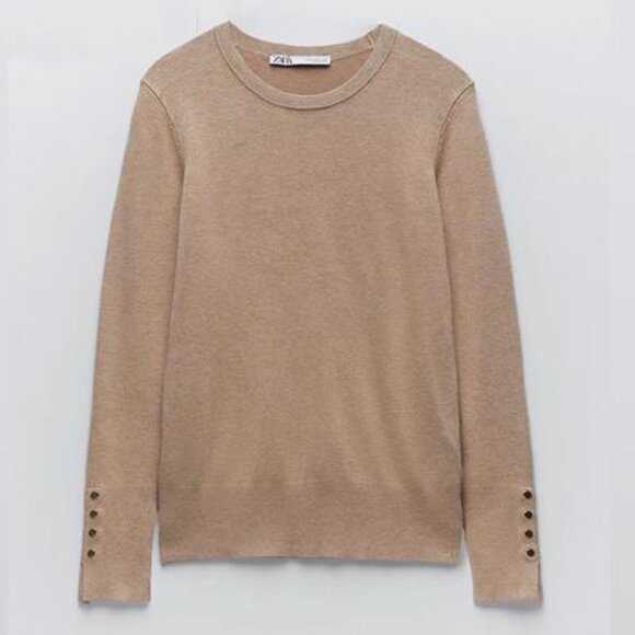 Zara Brown Tan Gold Button Crewneck Knit Sweater - Picture 3 of 3